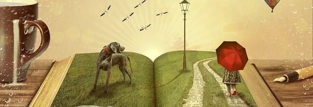 imaginando un perro y una niña en un libro