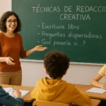 Profesora enseñando a alumnos de manera divertida.