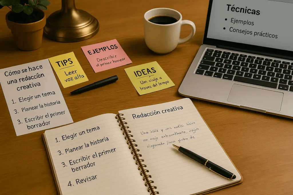 Libreta, papelillos de apuntes, una laptop y una tasa de con café